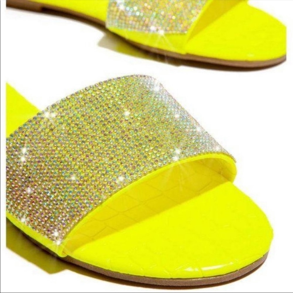 Neon Yellow Slides w/ Rhinestones Brand New in Box